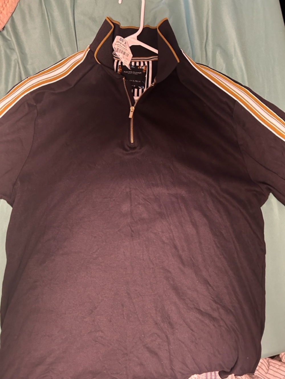 Denim & Flower Black Half-Zip Polo with Gold Stripe Accents